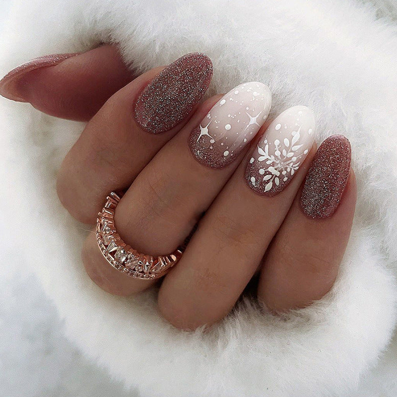 Shiny Burgundy Gradient Snowflake Nails, Christmas Atmosphere