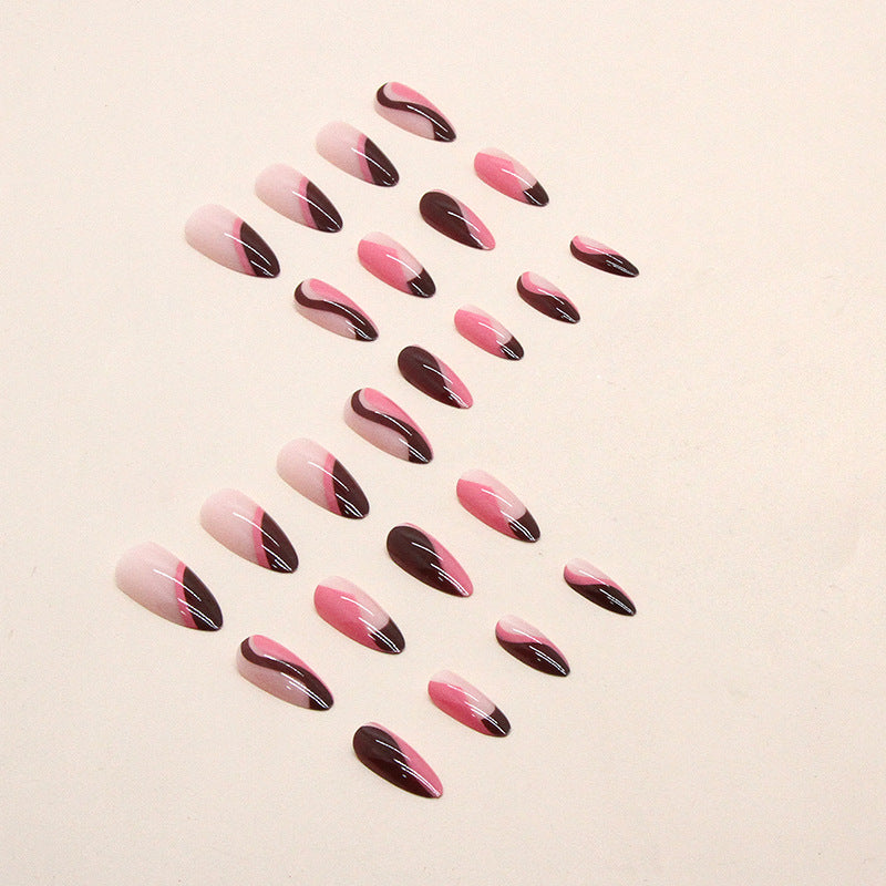 Whitening French Irregular Ripple Nails, Rose Red with Dark Brown, Ins Style