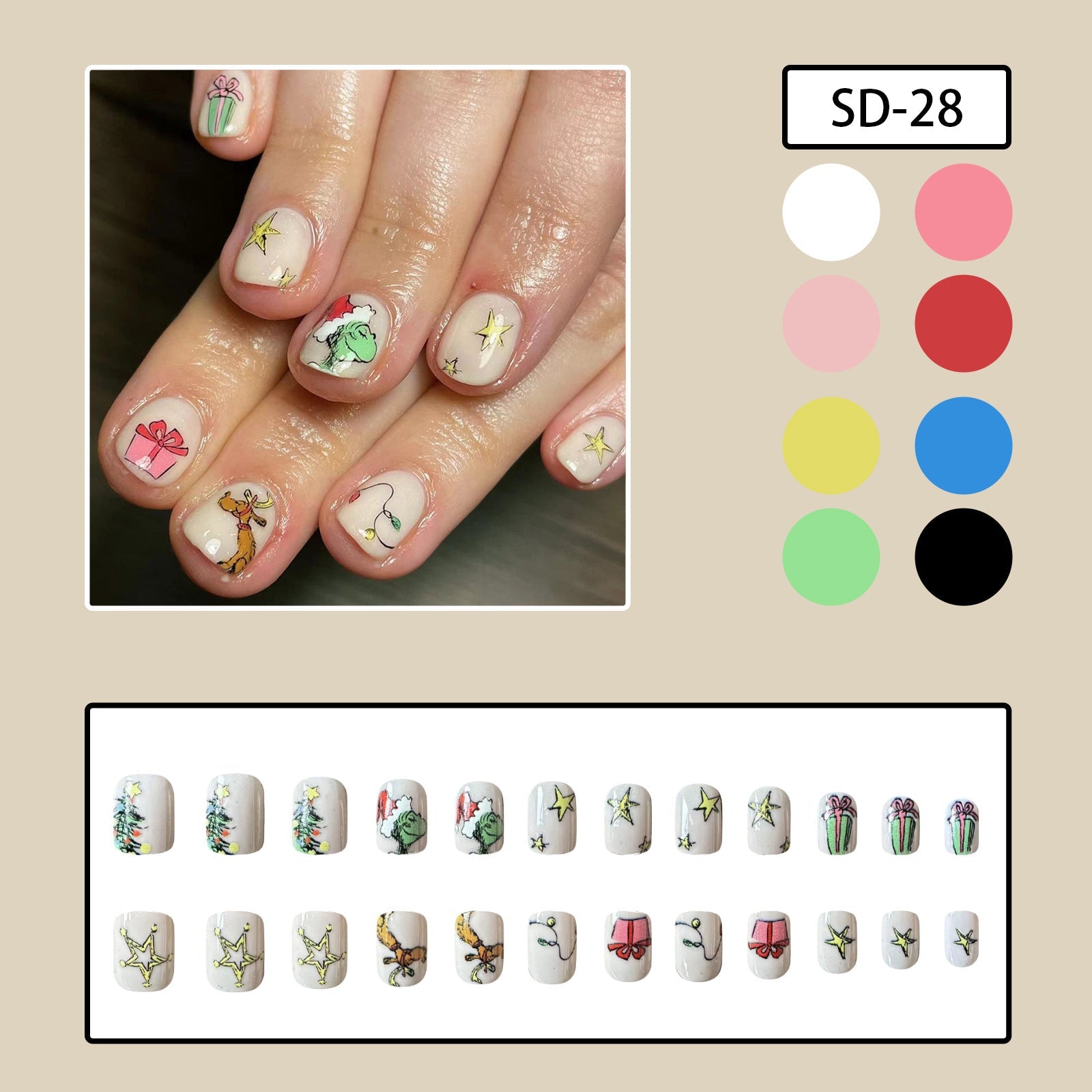 Silver Glitter Natural Short Square Nails with Grinch Christmas Design