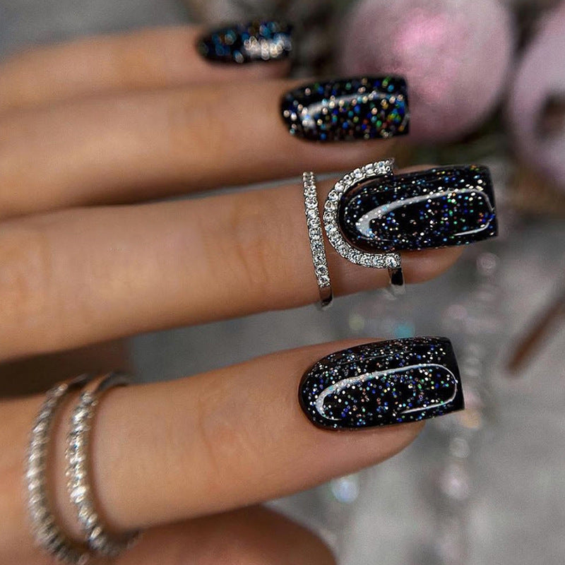 Solid Color Glitter Full-Cover Mid-Length Square Nails, Starry Sky Chic