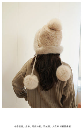 Women's Warm Faux Fur Lined Fox Ear Flap Hat with Real Rabbit Fur Pom Pom