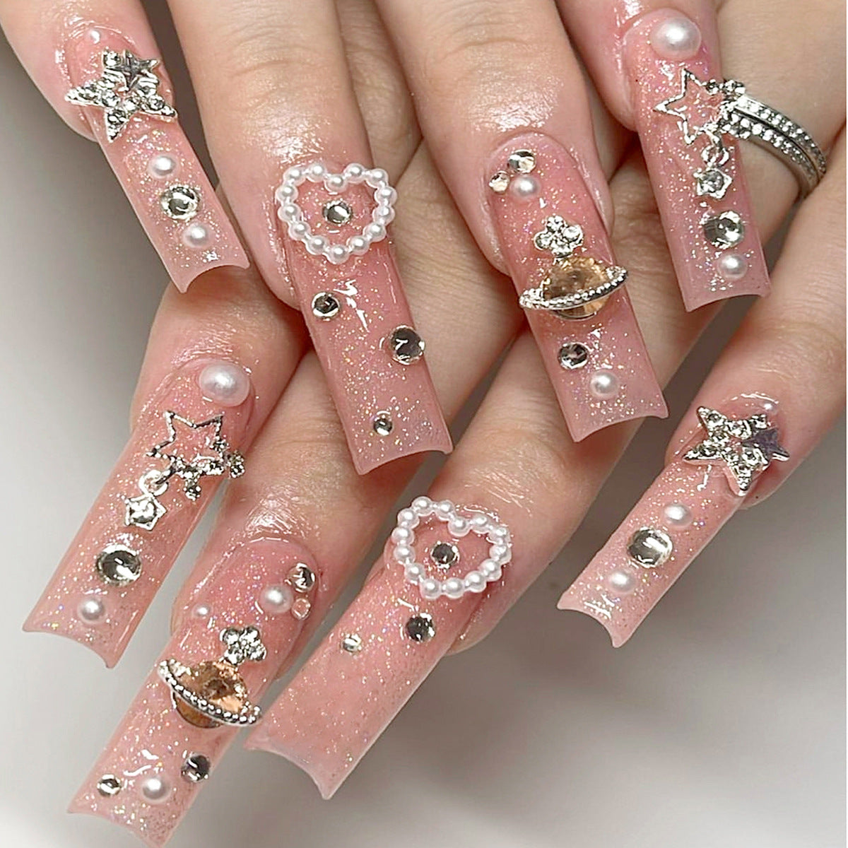 Popular Long Water Pipe Nails with 3D Pearl and Heart