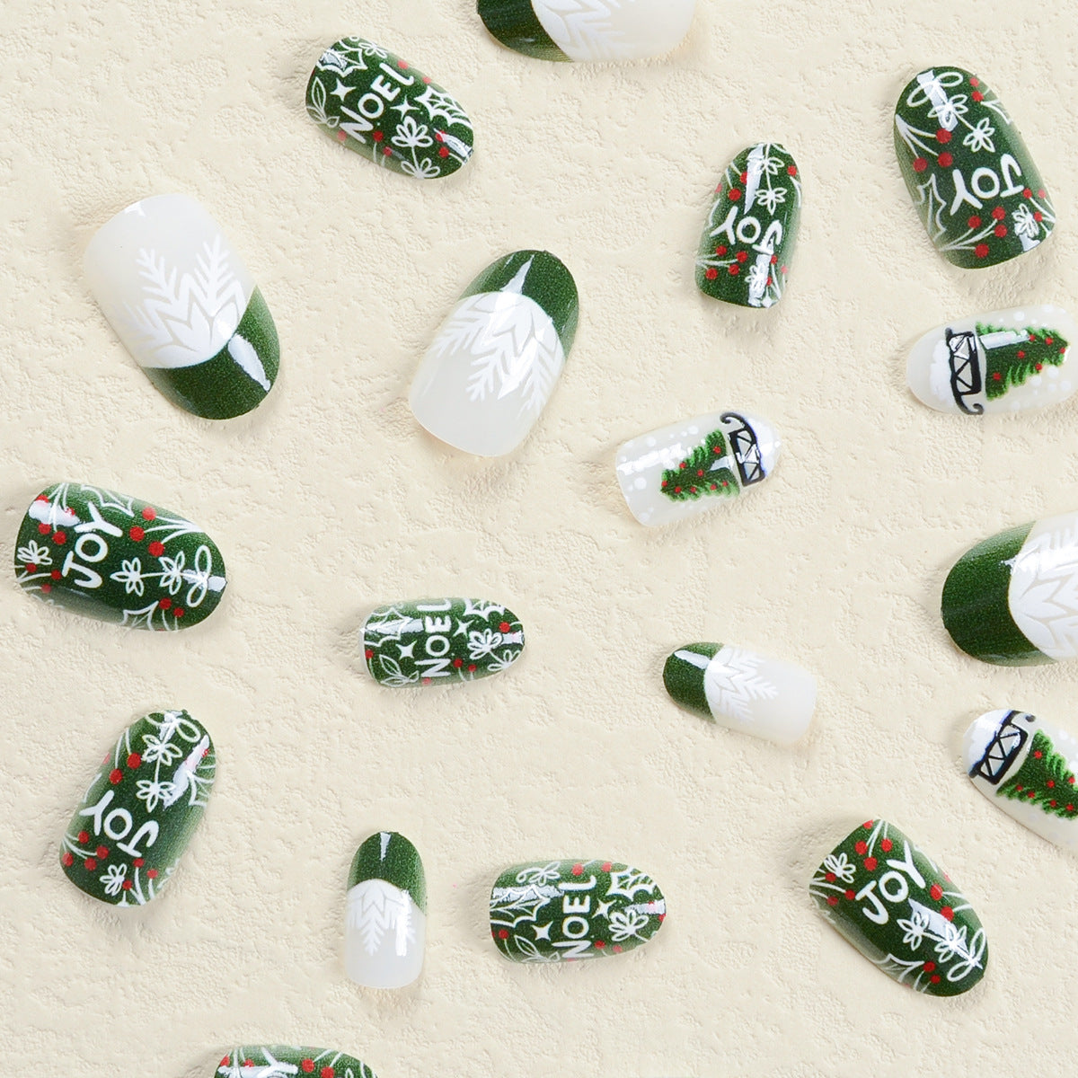 Christmas Green Trees, Red Berries, and White Snowflakes Nails