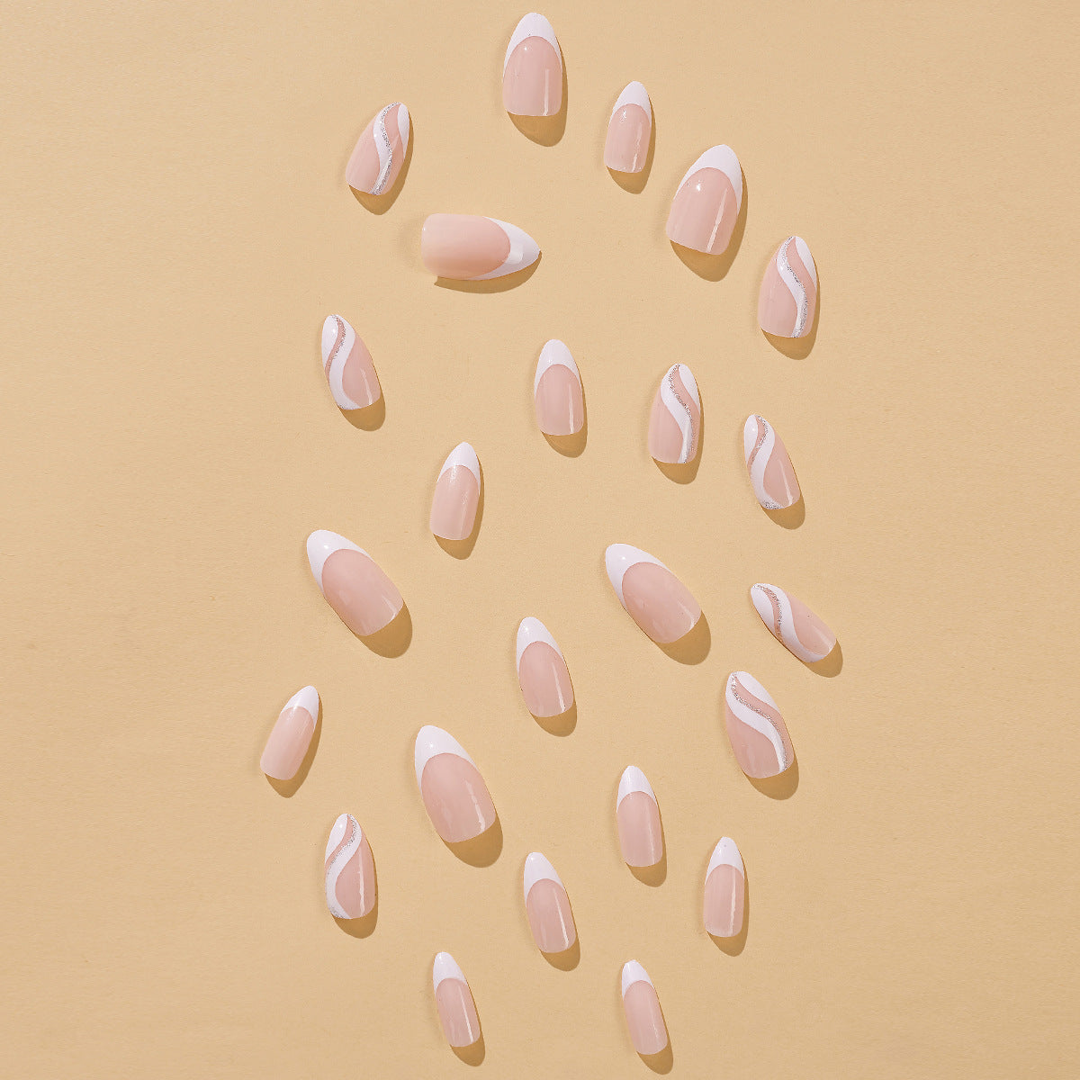 Almond Shaped Wave White Glitter French Removable Fall Nails