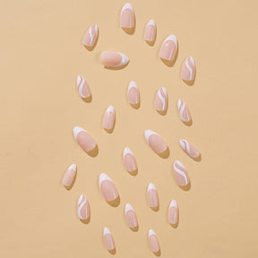 Almond Shaped Wave White Glitter French Removable Fall Nails