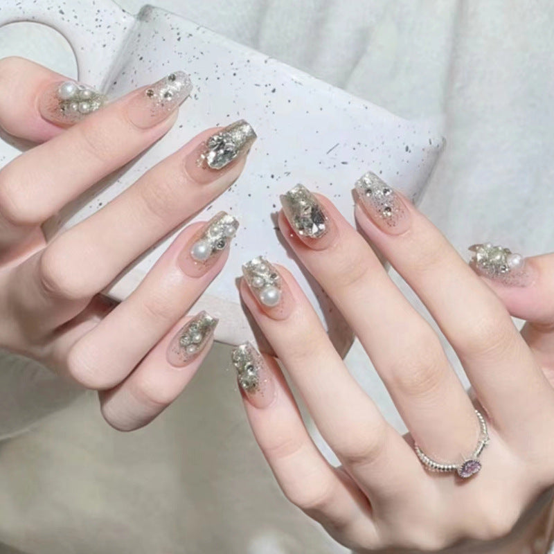 Short Square Ballet Nails - Diamond Pearl Flash French Tips