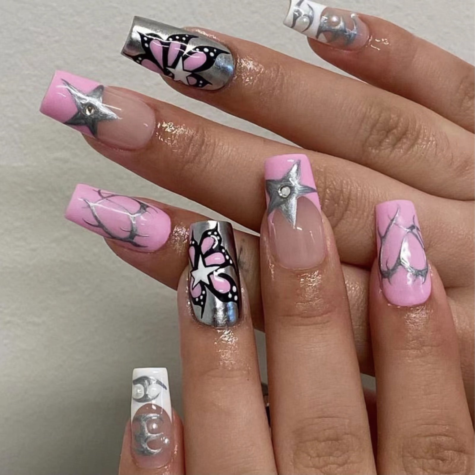 Colorful Pink White French Square Removable False Nails with Butterfly Heart Designs