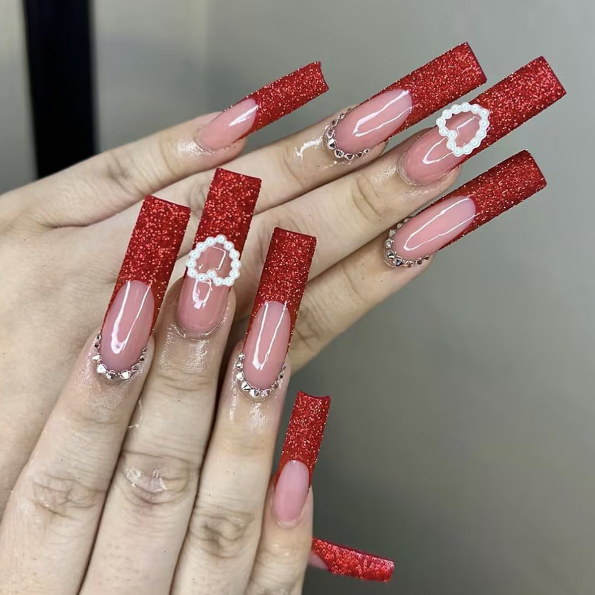 XXXL Red French Nail Tips with Heart Studs