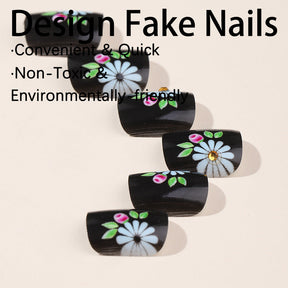 Black Vintage Flower Hand-Painted Toe Nail Tips