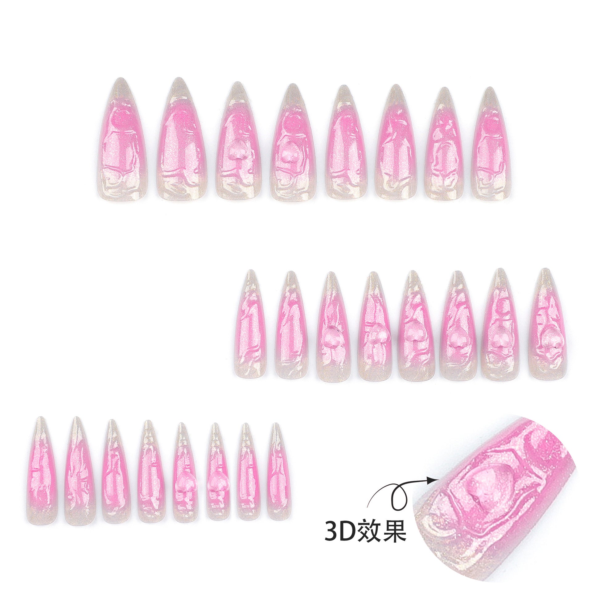 3D Pink Heart Extra Long Pointed Nail Extensions