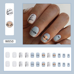 Short Blue Sunset Tree Silhouette Birds Whitening Ins Style Wearable Nails Wholesale