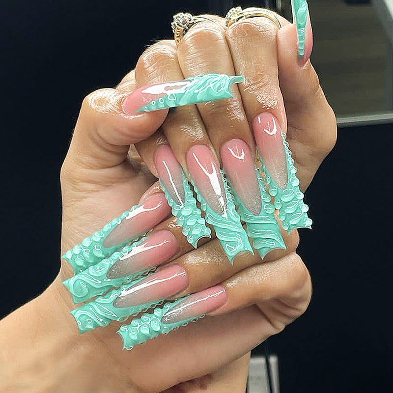 Popular Summer Handmade Long Green French 3D Nails