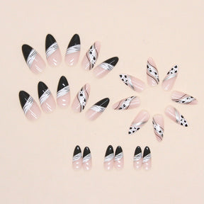 Black White Zebra Almond Nails Silver Glitter Ribbon Galaxy Sweet Cool Girls Fake Nails