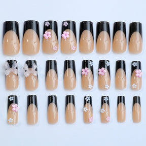 Black French Water Pipe Nail Tips with 3D Flowers and Pink Bow