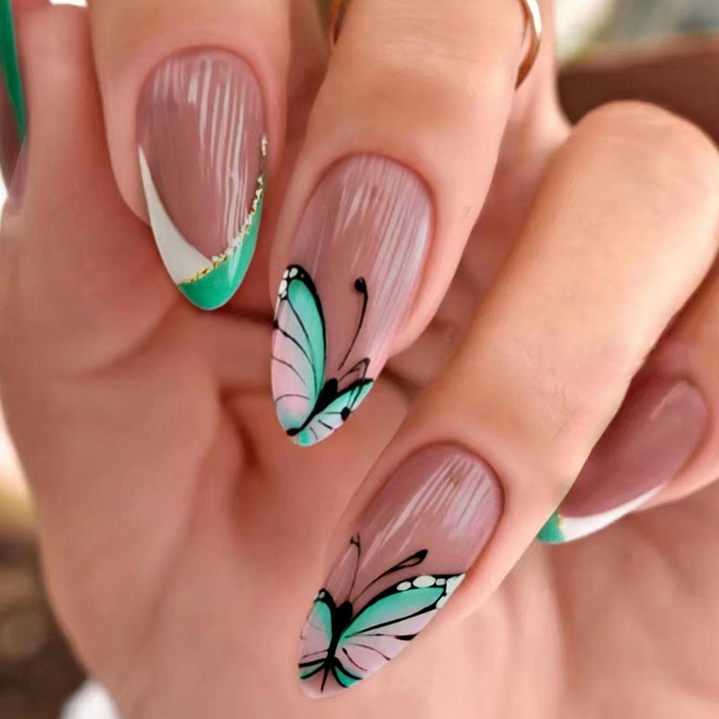 Triangular French Green Almond Nails with Butterfly Design