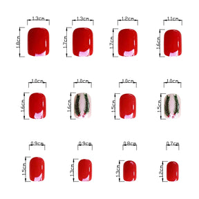 Red Short Square Christmas Nails with Tree Branch Designs