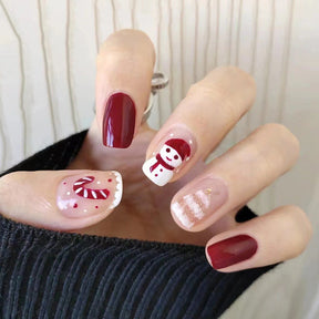 Christmas Red Snowman Candy Stripe Nails - Removable (24-Piece)