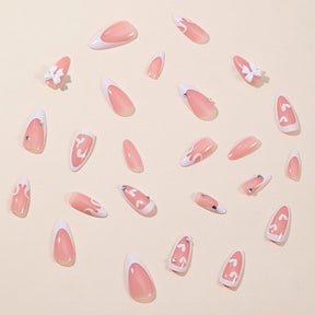 Removable Pink Almond Shaped French Heart Diamond Nails