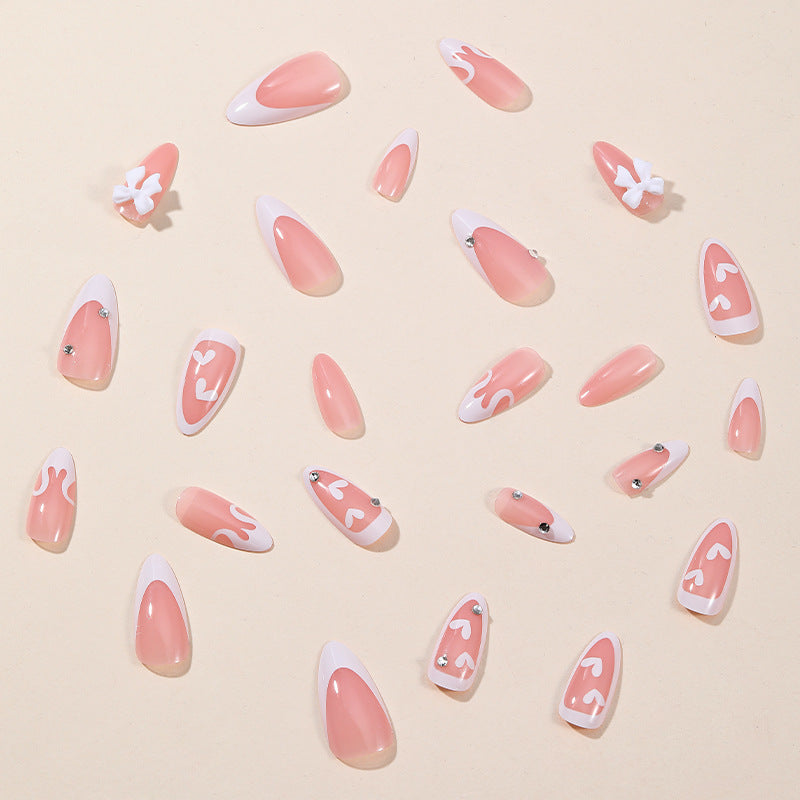 Removable Pink Almond Shaped French Heart Diamond Nails