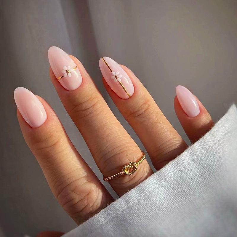 Simple Gold Line Flower Nails Round Almond Pink Sweet 24 Pieces