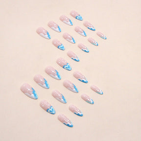 Cool Summer Lake Blue Heart French Almond Nails Ins-Style