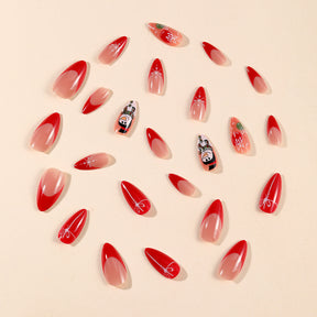 Christmas Almond Red French Snowflake Bow Snowman Ball Nails