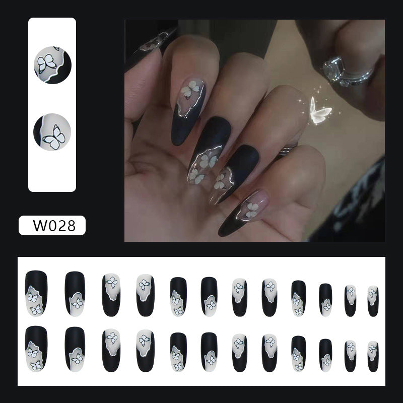 Black Floral Long Ballet Nail Tips, Trendy Ins Style