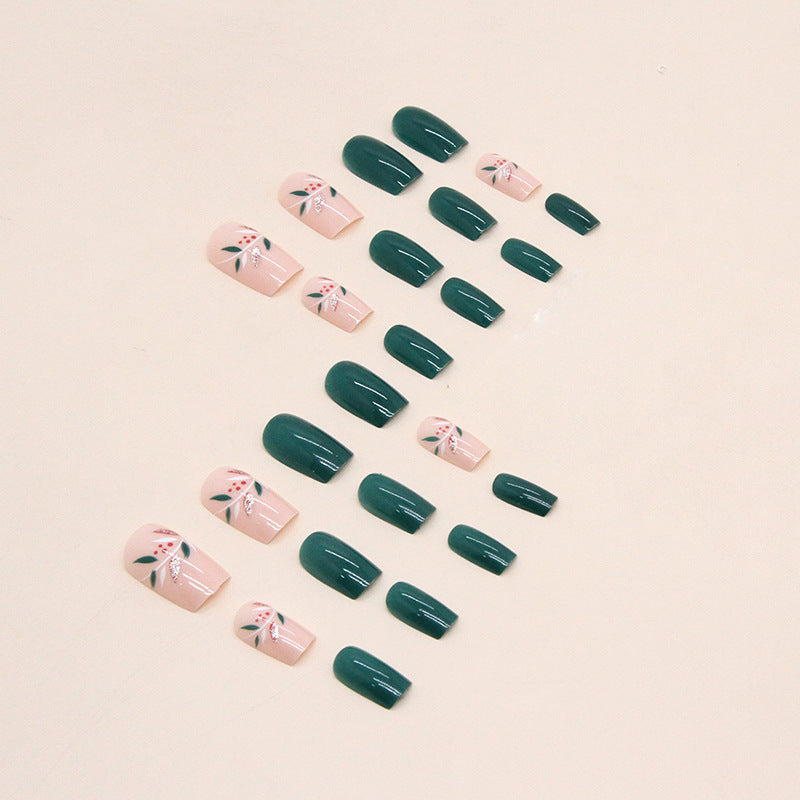 24-Piece Mid-Length Square Green Leaf Nail Stickers