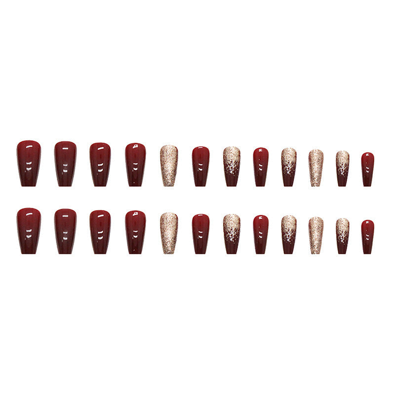 Flashy Gold Glitter Wine Red Bride Nails, Medium Length for Festivals