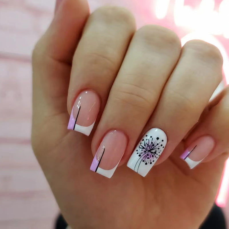 Elegant Light Purple French Nails, Dandelion Design, Square Shape