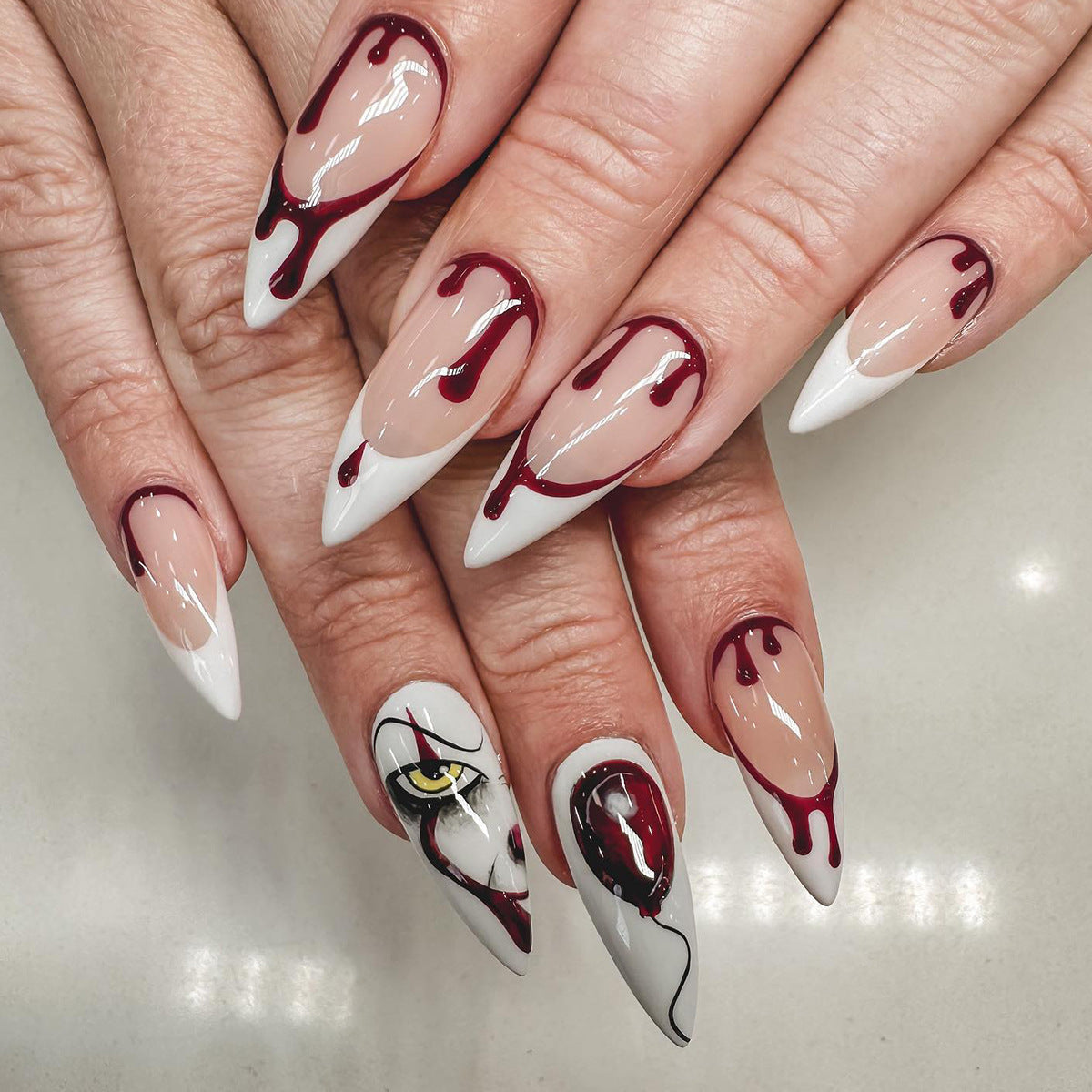 Halloween Pointed French Tip Bloody Handmade Fake Nails