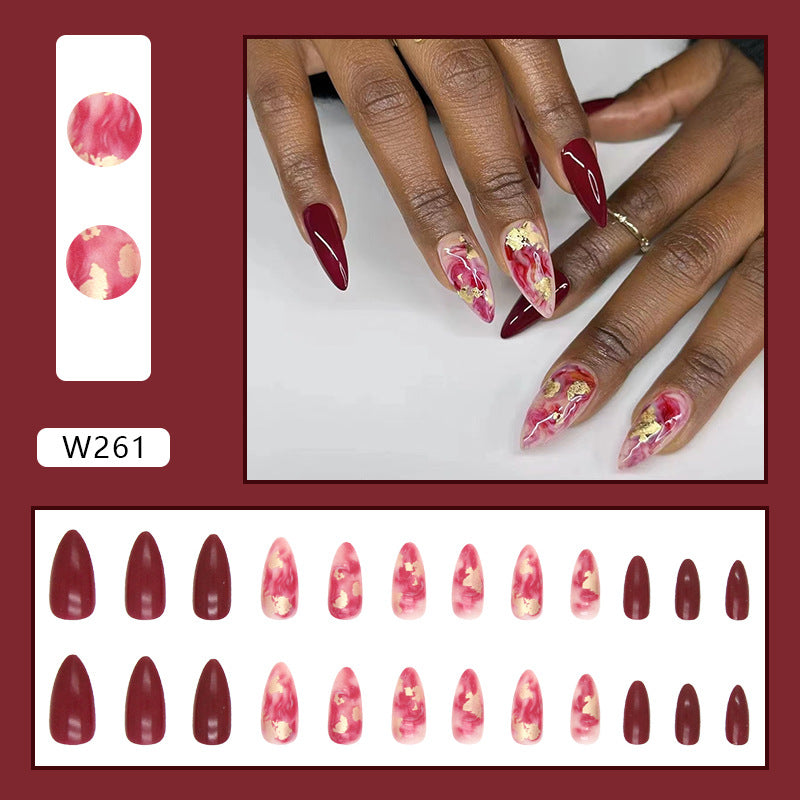 Wine Red Ombre Chinese Style Gold Foil Nails Ins Style Party Bride