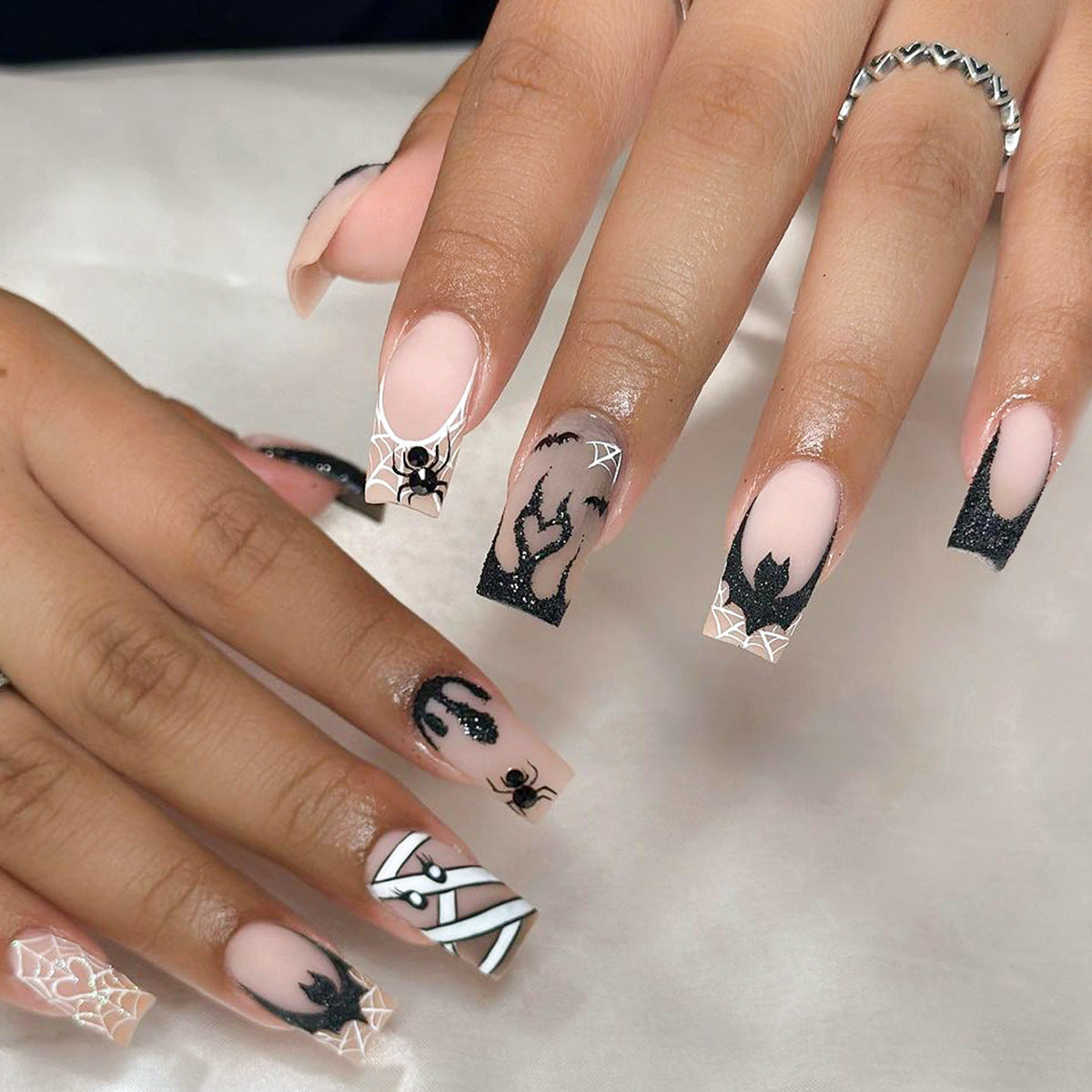 Black Flame and White Spider Web Halloween Nails, Matte Finish