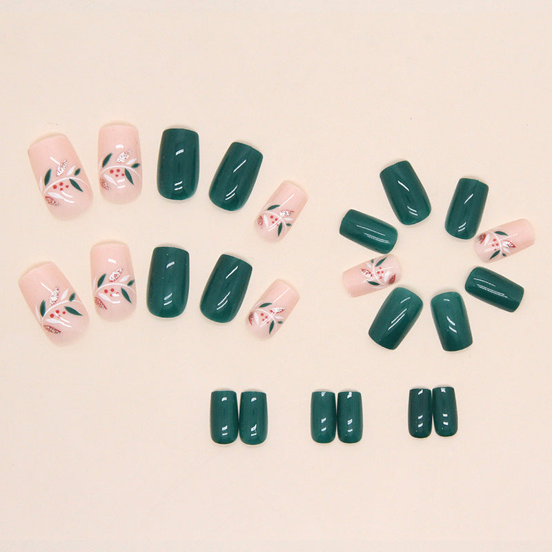 24-Piece Mid-Length Square Green Leaf Nail Stickers