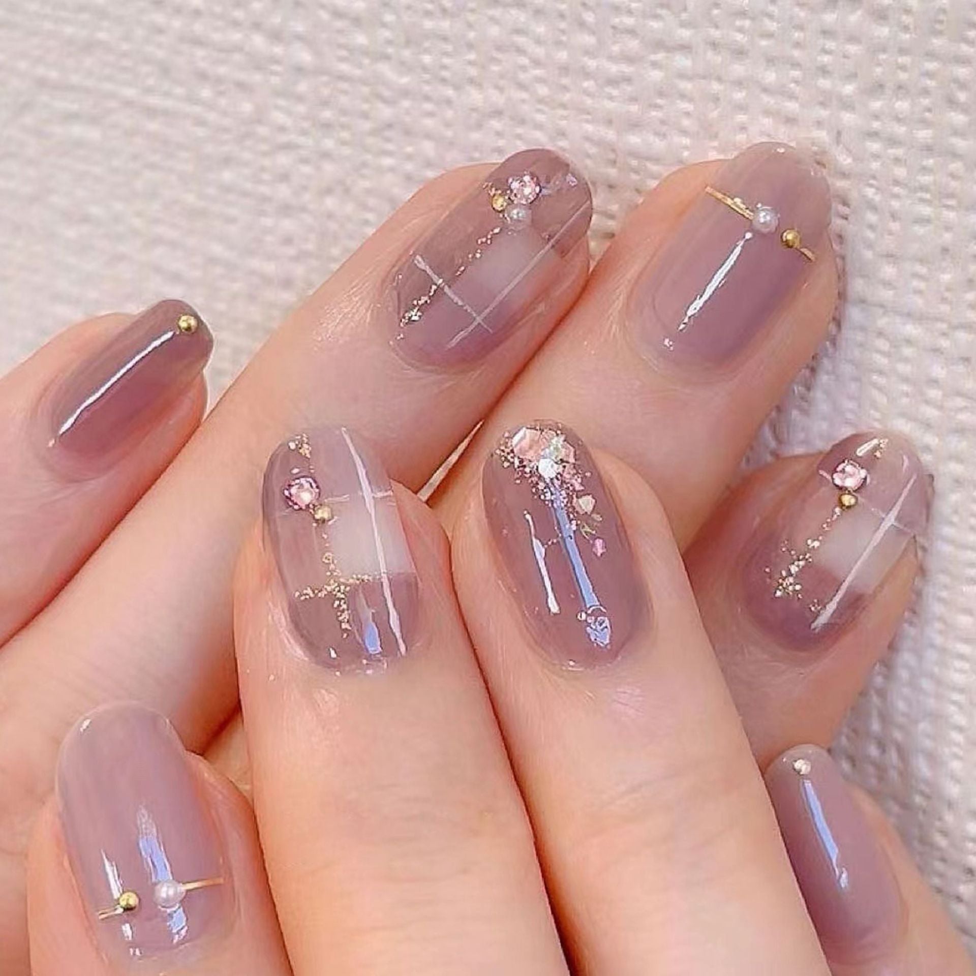 Wearable Nail Tips with Nude Pink, Gold Glitter and Pearls