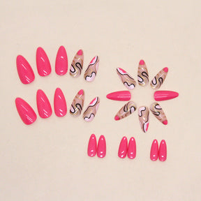 Ins Style Barbie Pink Almond Nails with Irregular Black Waves