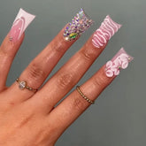 Pink Duckbill Nails with Sparkle and White Flowers