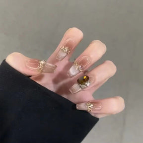 Chic Handmade Crystal Cat Eye Fall Nails, Simple and Versatile Short Nail Patches