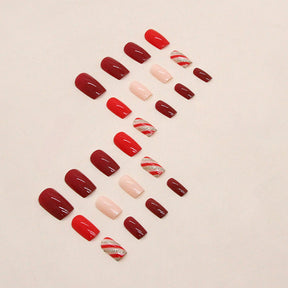 Solid Bright Red Christmas Stripe Fall Nails - European Square Shape