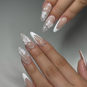 3D Bow White French Nail Art Tips, Trendy Red Star Glamour