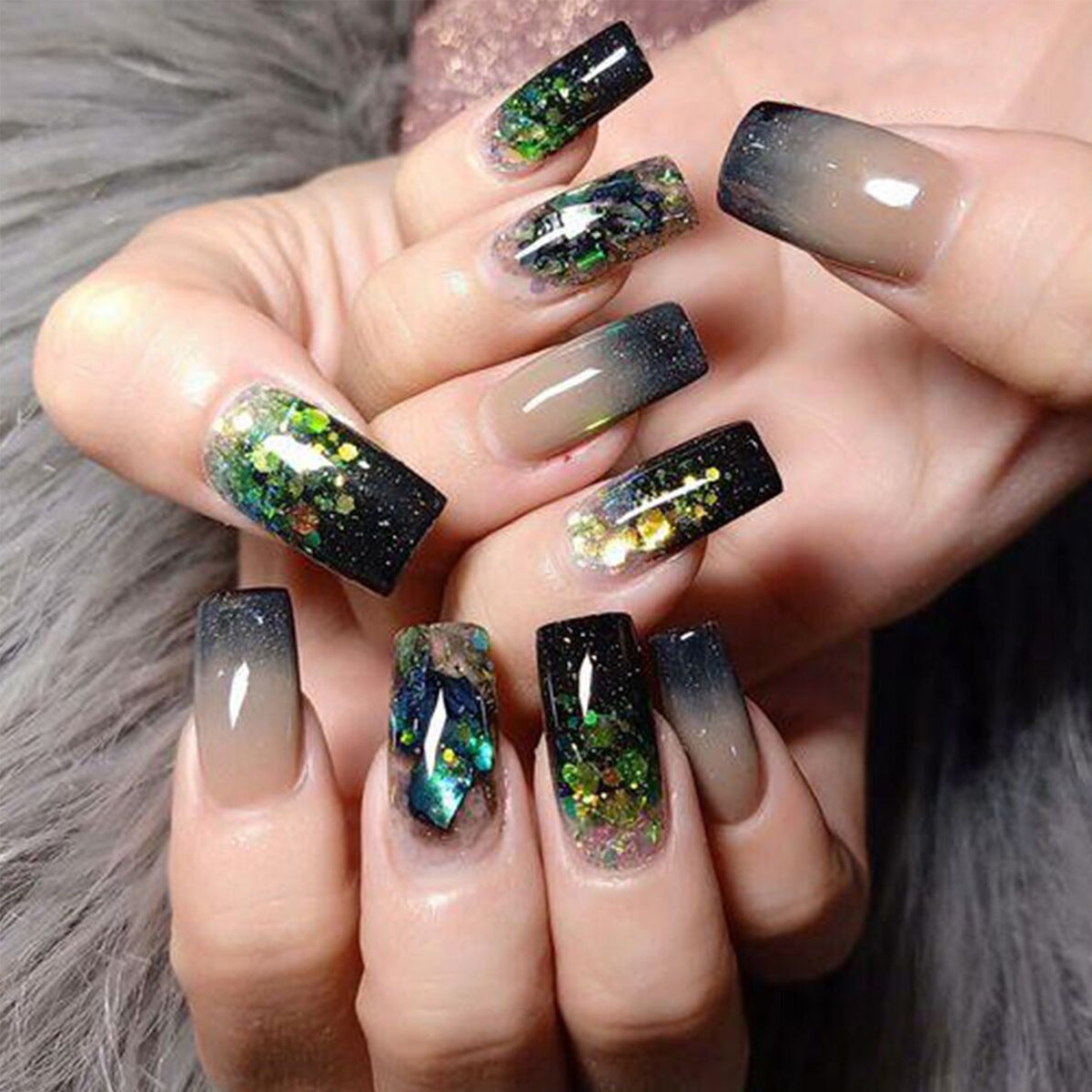 Rainbow Glitter Black Ombre Nail Tips