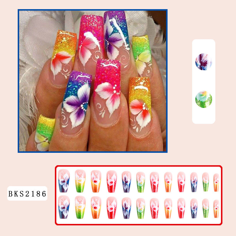 Rainbow Flower Glitter Nail Tips