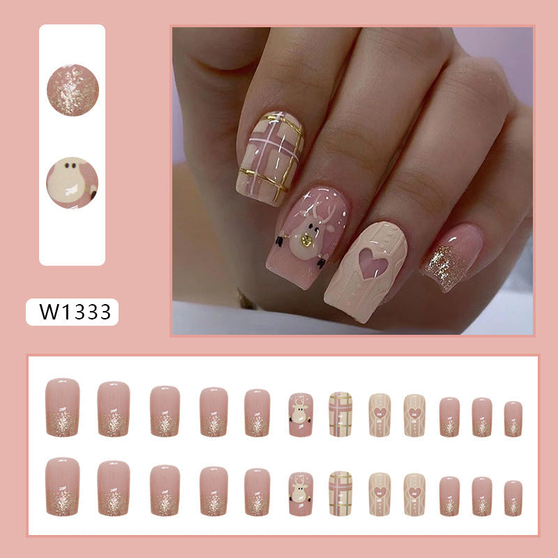 Cute Shimmer Mid-Length Deer Nails, Heart Check Pattern