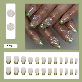 Simple Shiny Aurora French Nails, Green Diamond, Short Ballet