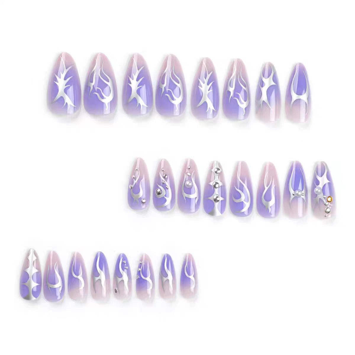 Almond Nail Tips with Silver Purple Flame Design