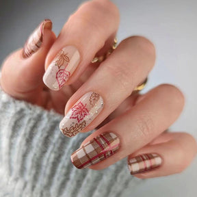 Autumn Brown Plaid Caramel Wave Thanksgiving Maple French UV Nail Tips