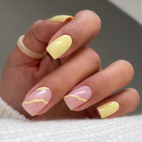 Short Yellow Nail Tips with Wave Stripes for Summer