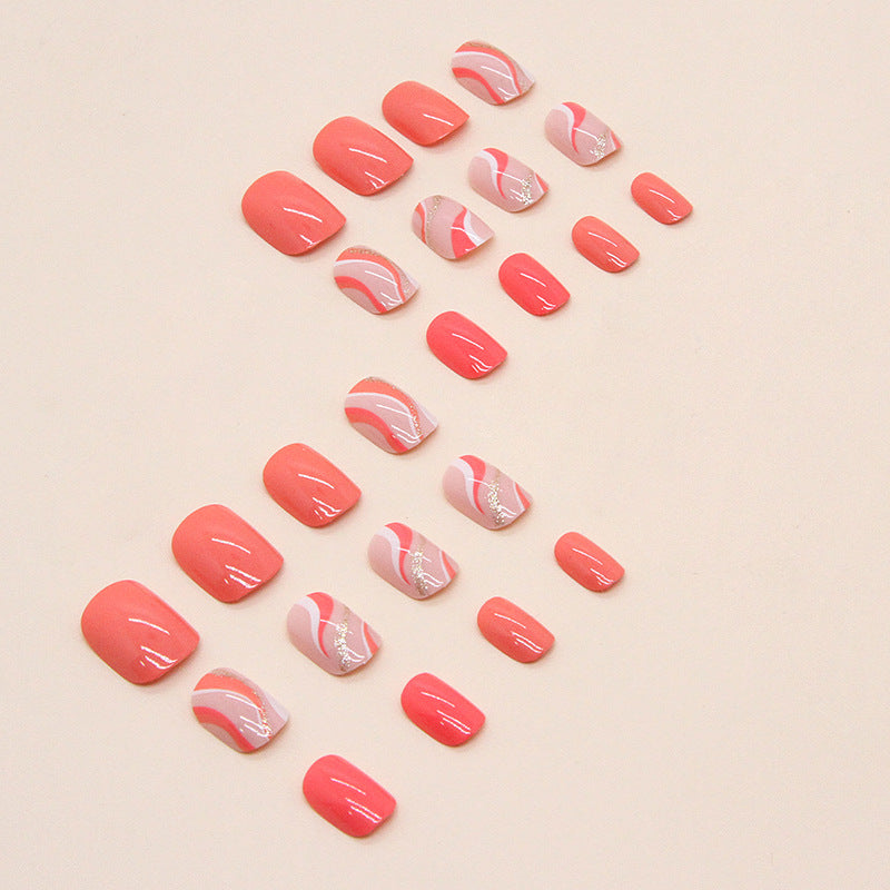 Sweet Bright Orange Wave Nails, Short, 24 Pieces