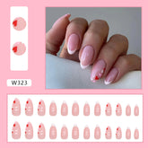 Pink French Almond Fall Nails, 24-Piece Heart-Accent Set