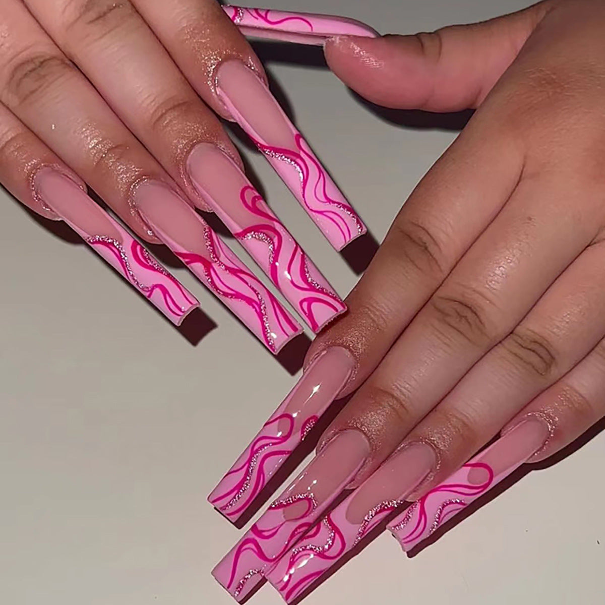 24 Long Pink Stripe Glitter Nail Tips, Sweet INS Style